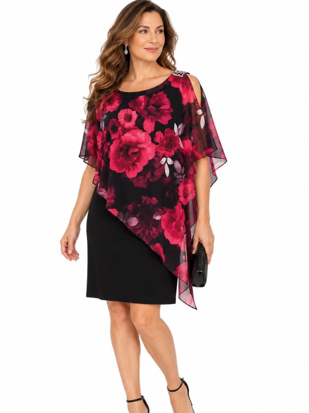 SLNY Floral Chiffon Overlay Cocktail Dress Embellished Black Red